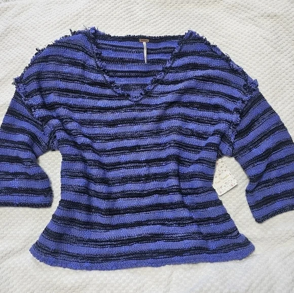 Free People Blue and Black Striped Spells Trouble Sweater Top - Picture 3 of 6
